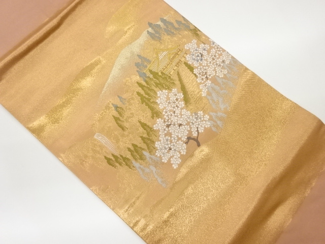 山並に寺院・滝・桜風景模様織出し名古屋帯